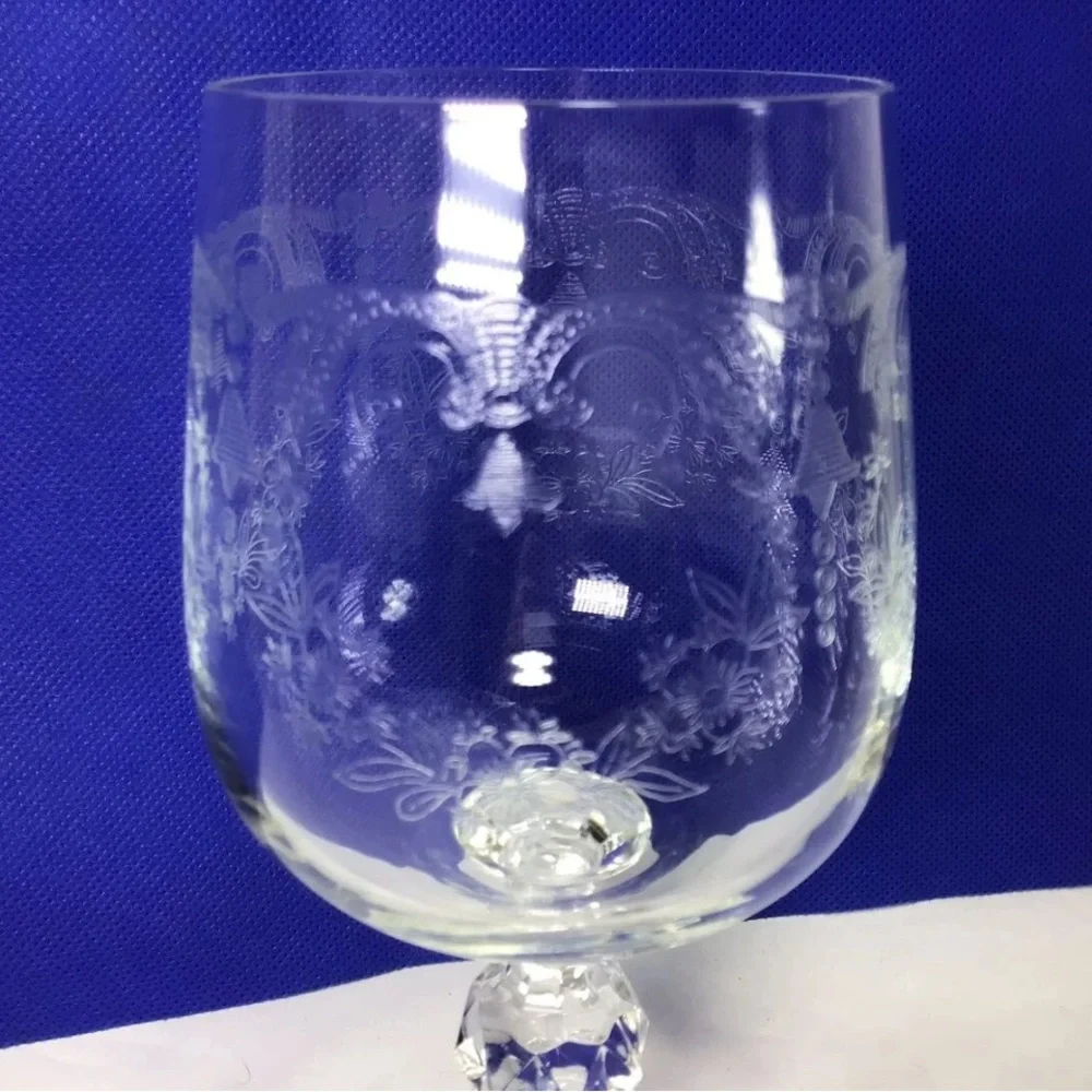 Set of 6 Vintage Bohemia Etching Floral Crystal Hand Blown Wine Glasses
